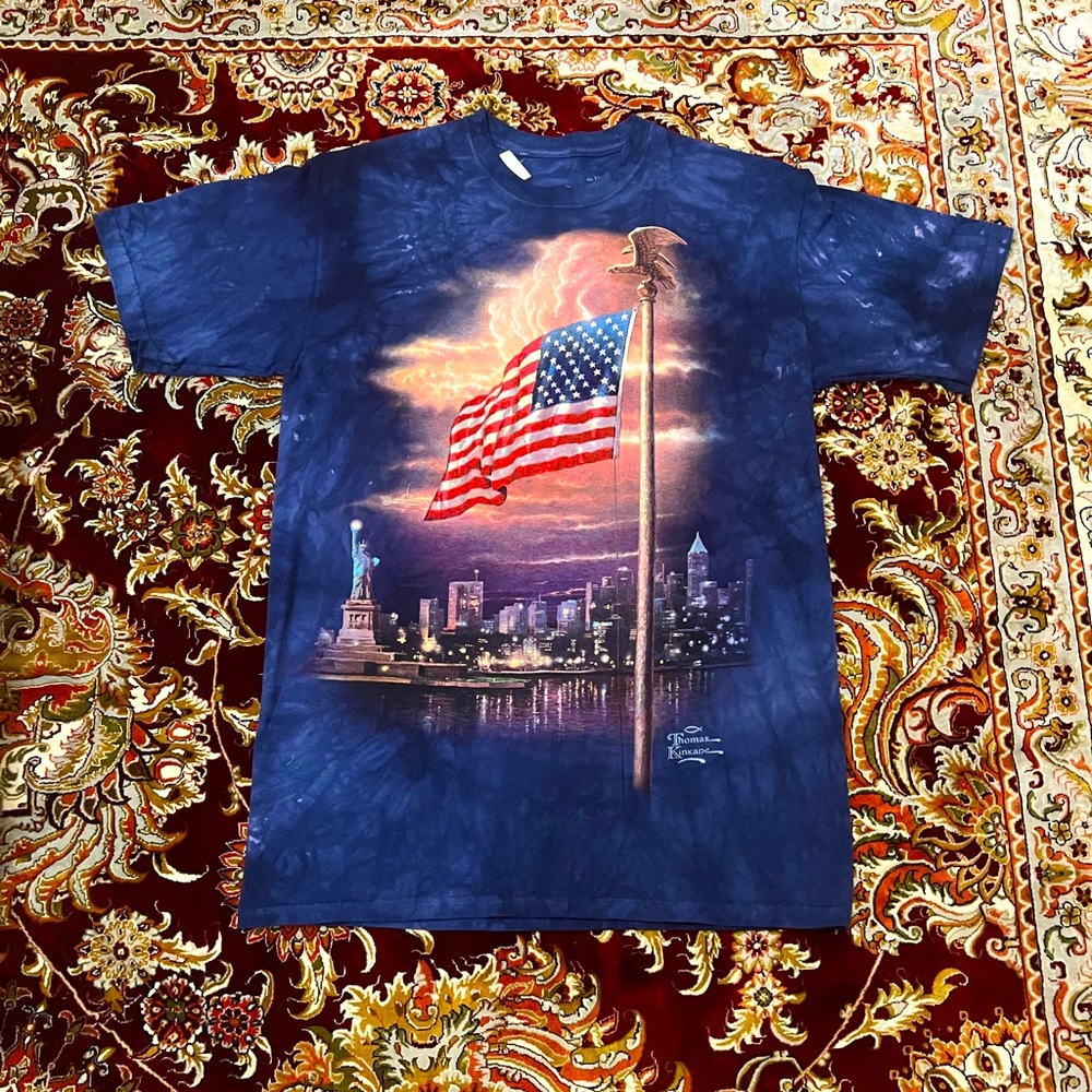 Thomas Kinkade USA Flag New York City Tie Dye T Shirt Mens Size L Patriotic Tee